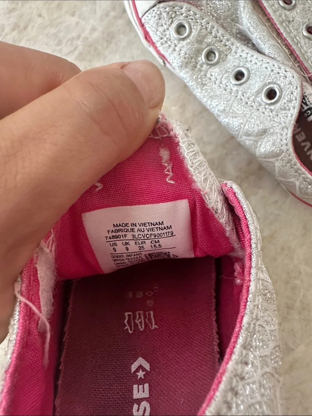 Converse Kids Silver Glitter Slip-On Sneakers with Pink Trim 9